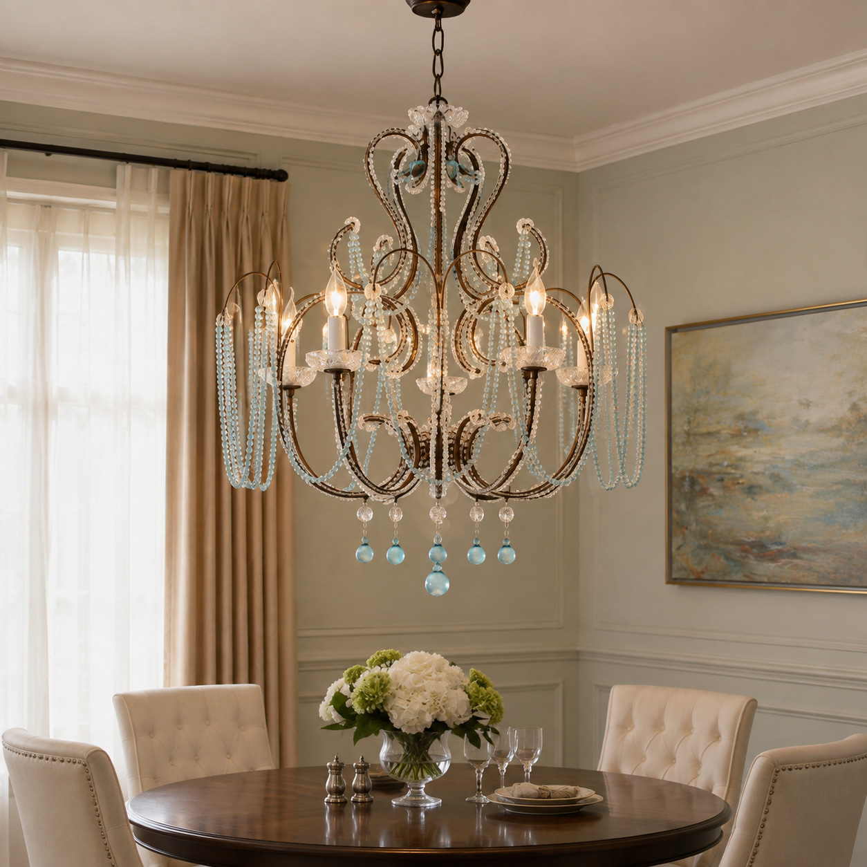 Light Blue Beaded Crystal Chandelier
