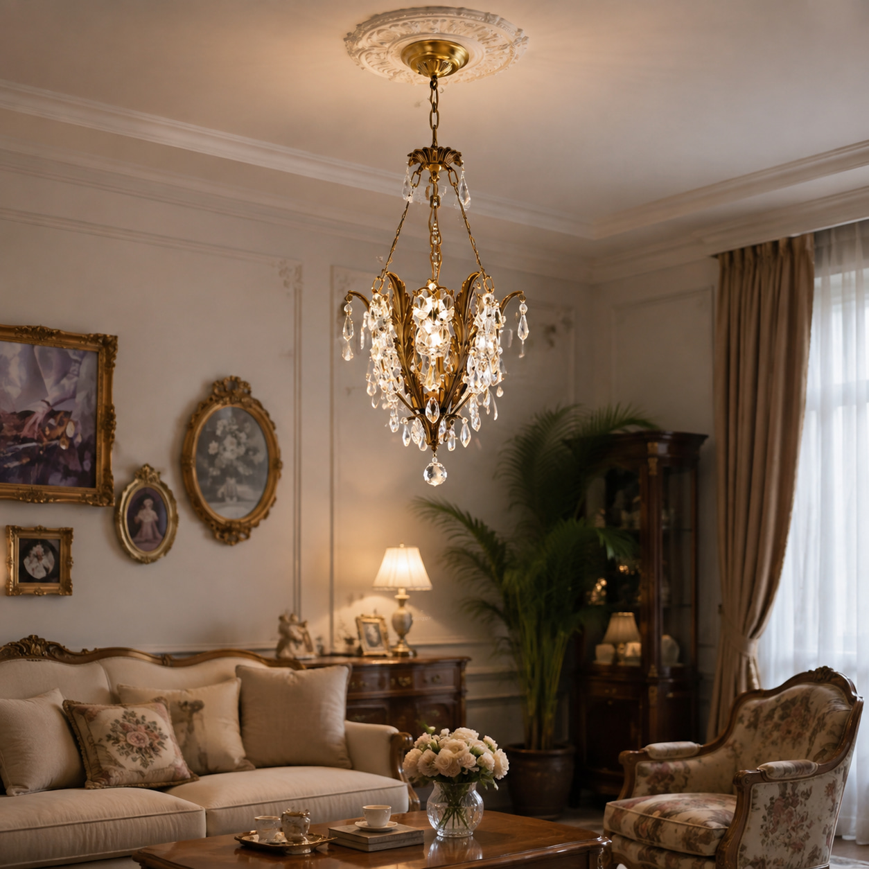 Vintage Bronze Leaf Crystal Chandelier