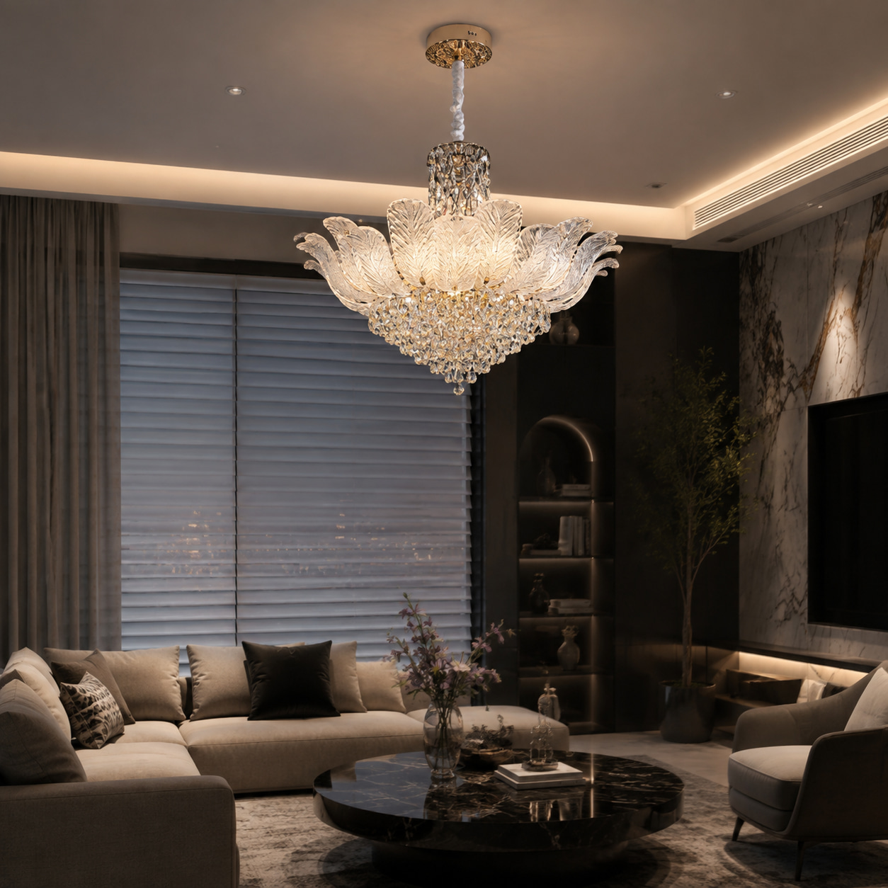 Feather Crystal Waterfall Chandelier