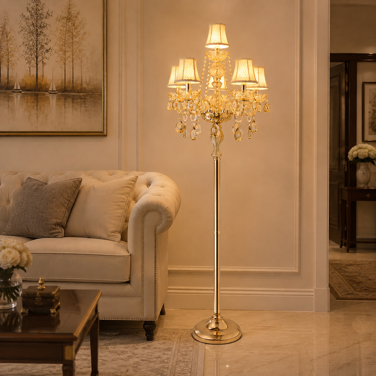 Golden Crystal Chandelier Floor Lamp