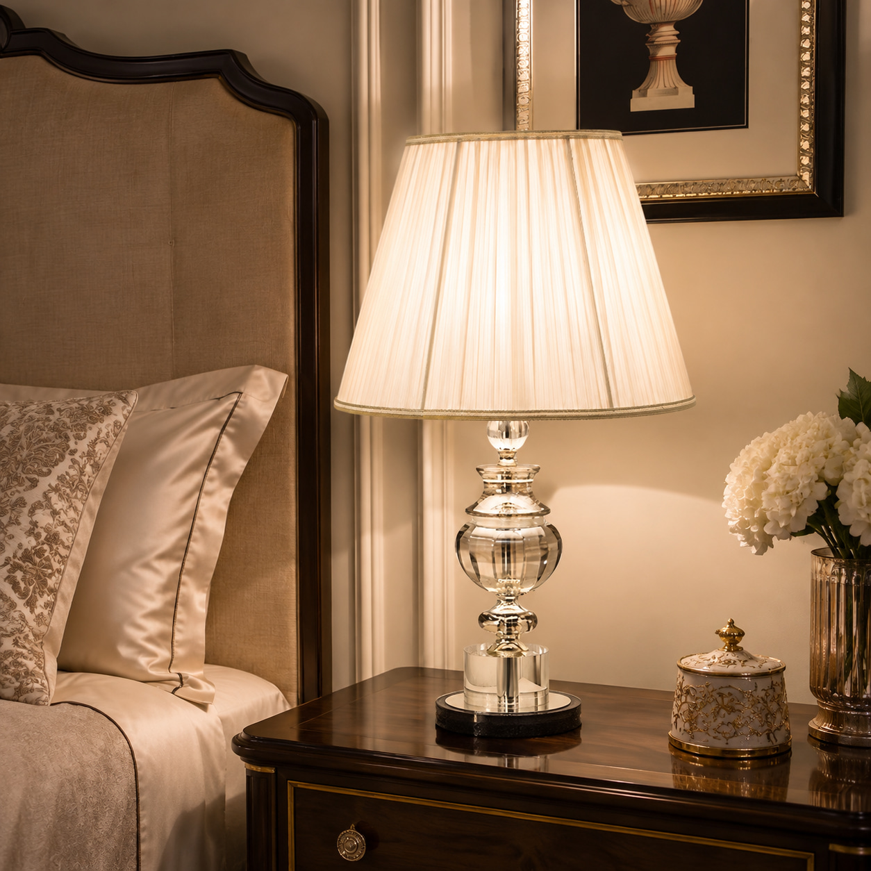 Silver Crystal Urn Pleated Table Lamp