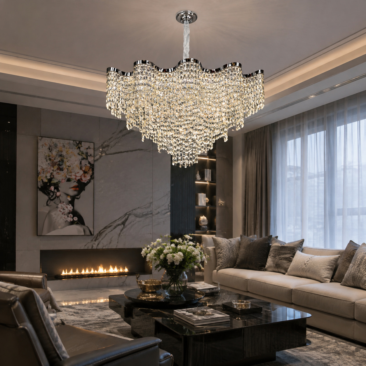 Wavy Edge Crystal Waterfall Chandelier