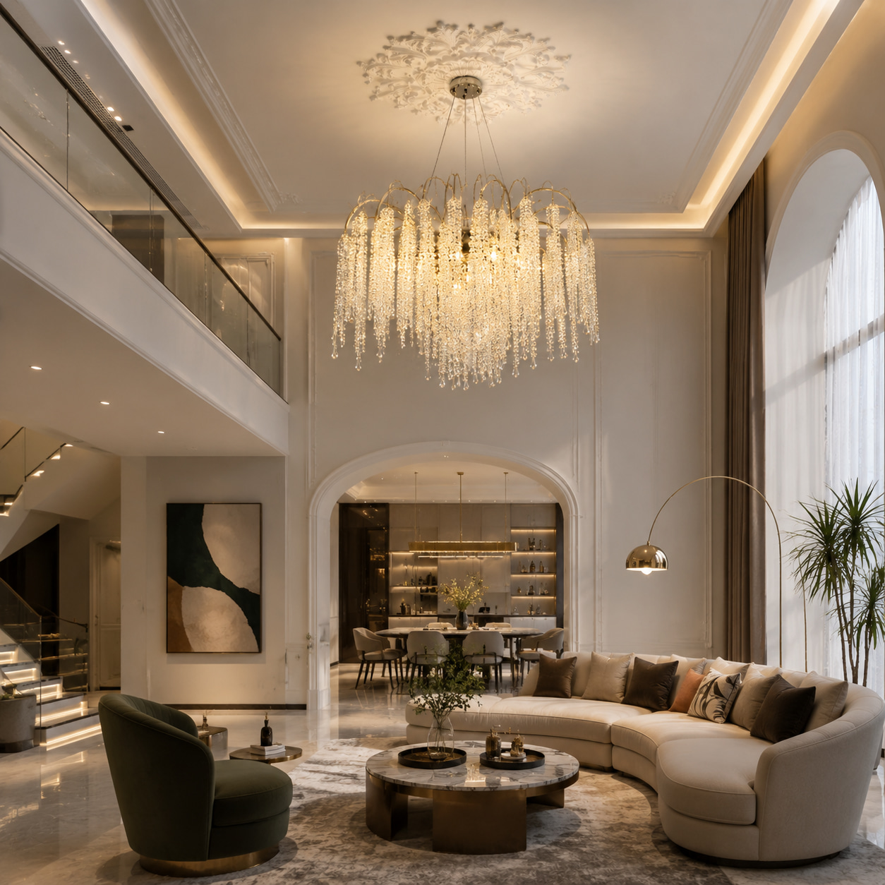 Curved Frame Crystal Waterfall Chandelier