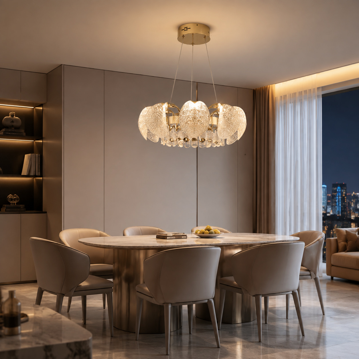 Leaf Textured Glass Crystal Ring Chandelier