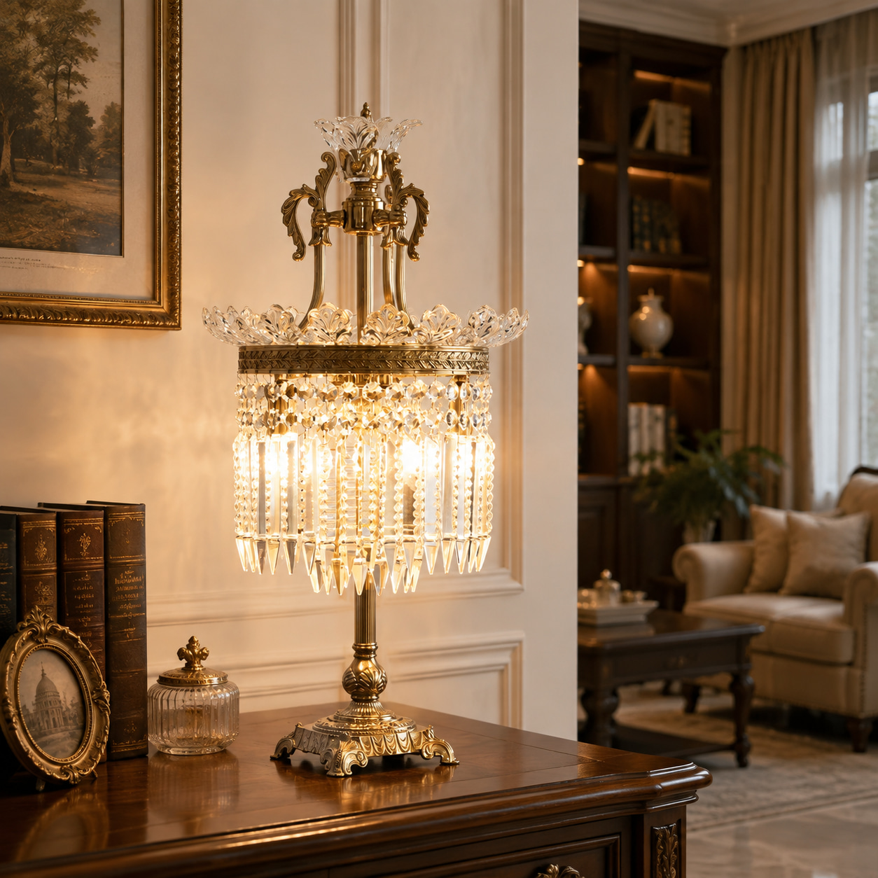 Antique Brass Crystal Column Table Lamp