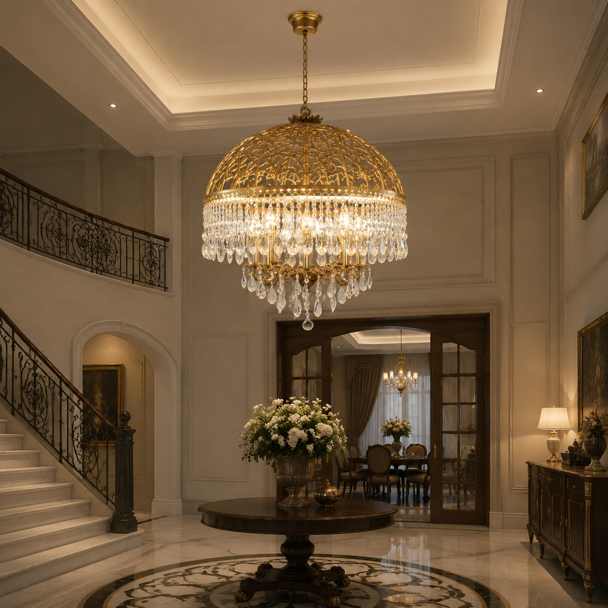 French Hollow Copper Art Crystal Chandelier