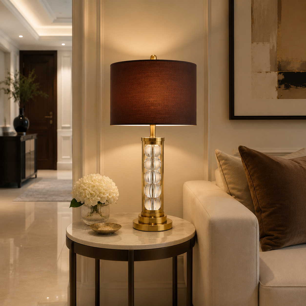 Gilded Crystal Bead Column Table Lamp