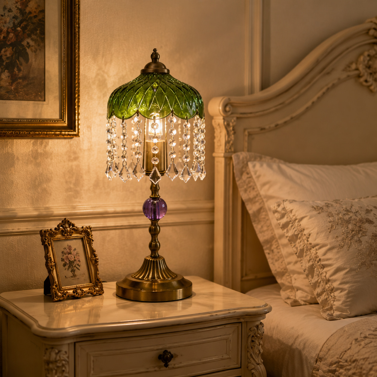 Olive Green Crystal Fringe Table Lamp