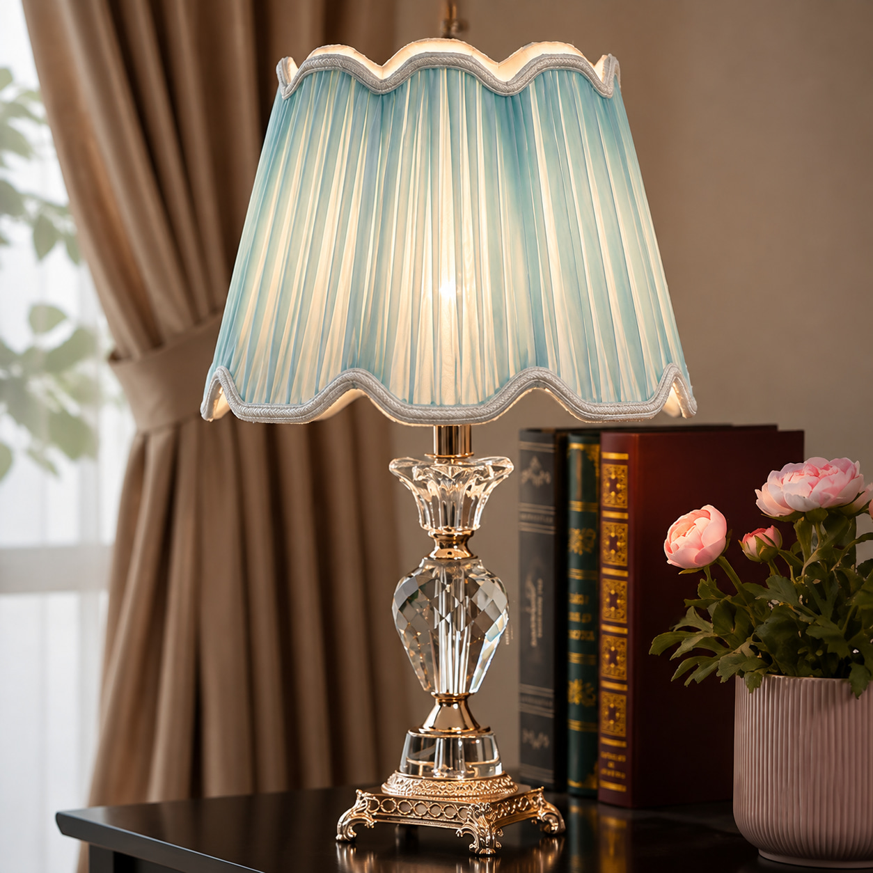 Sky Blue Scalloped Crystal Table Lamp
