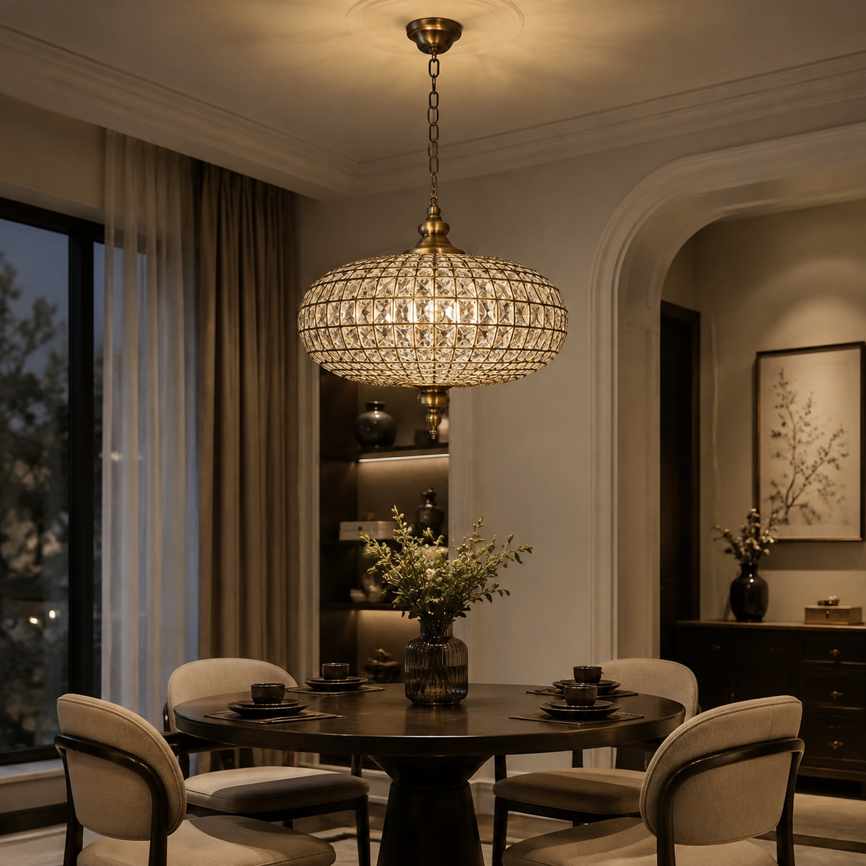 Vintage Cage‑Style Brass Crystal Chandelier