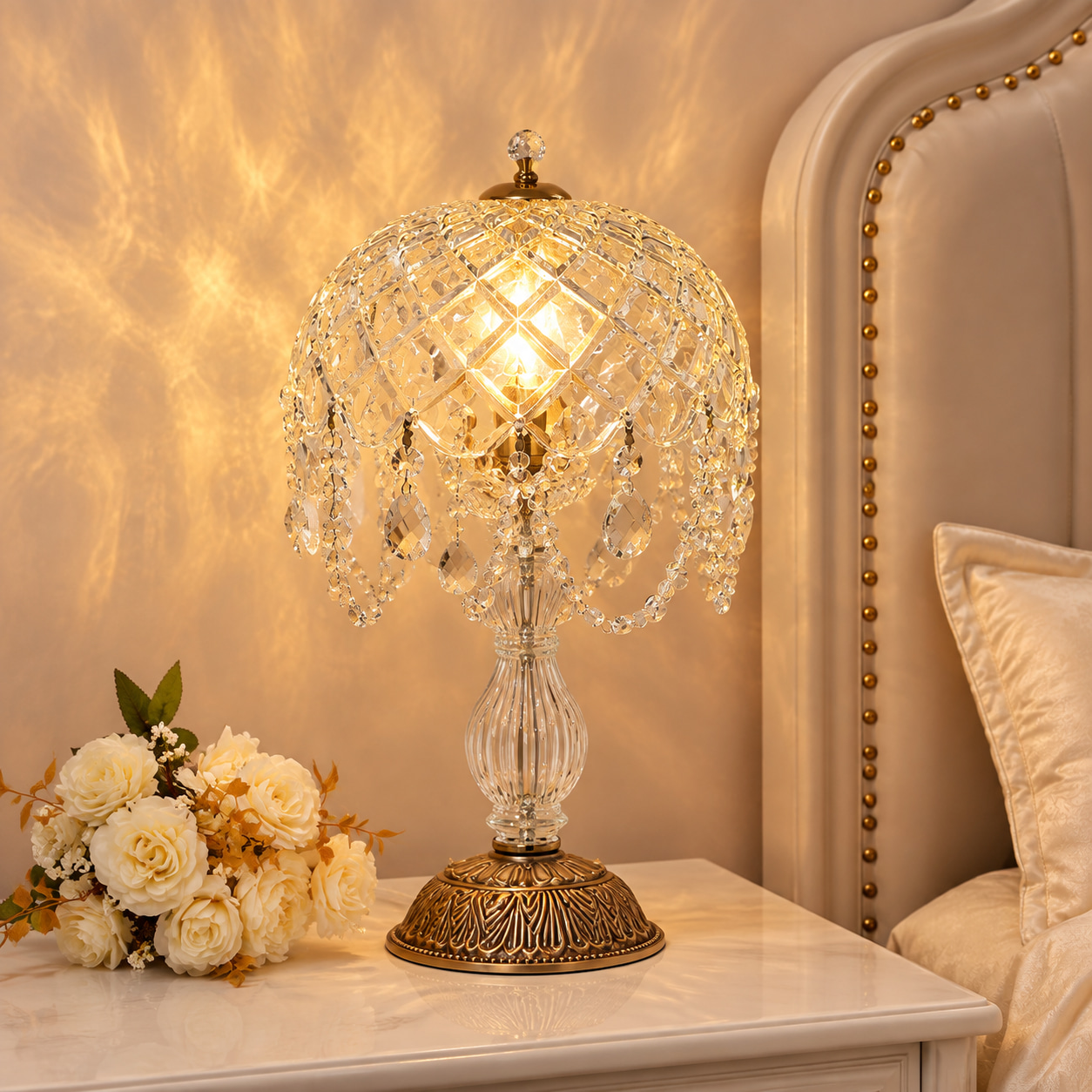 Antique Bronze Crystal Crown Table Lamp
