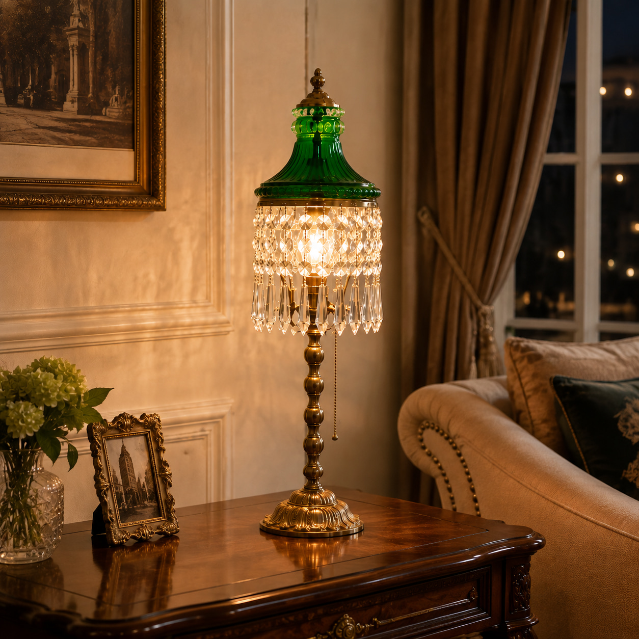 Emerald Crown Crystal Fringe Table Lamp