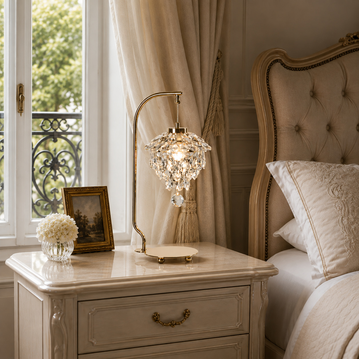 Curved Arm Light Luxury Petal Crystal Pendant Bedside Table Lamp