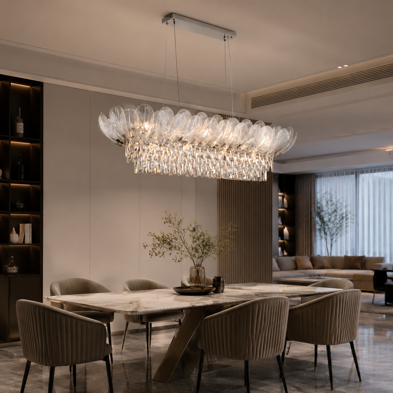 Feather Crystal Linear Dining Chandelier