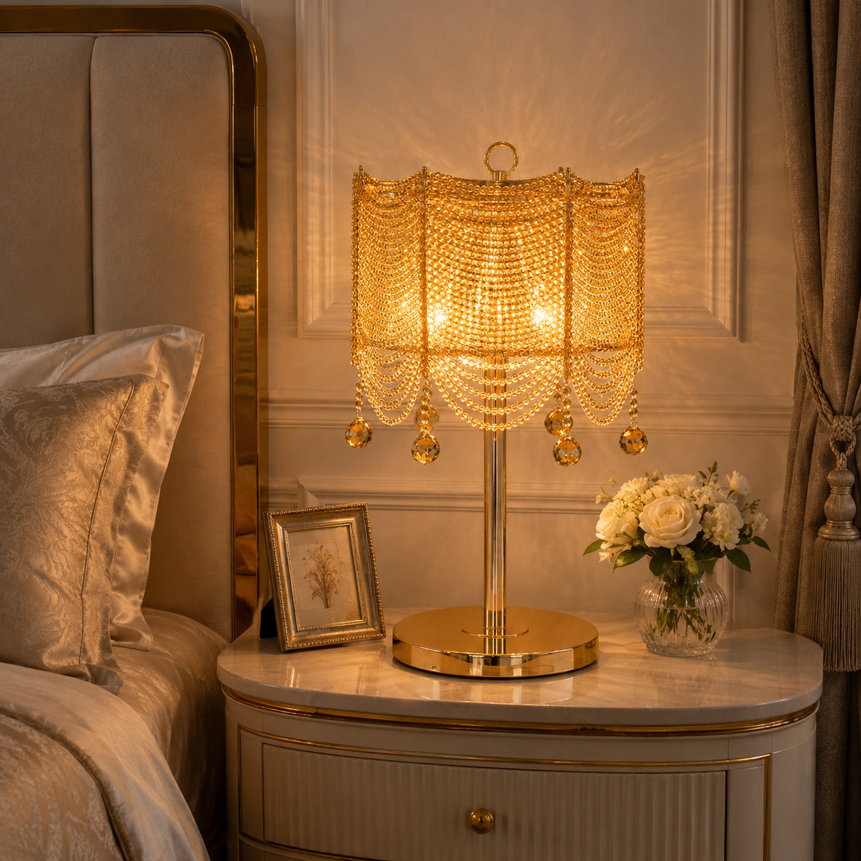 Light Luxury Retro Golden Bead Curtain Crystal Table Lamp