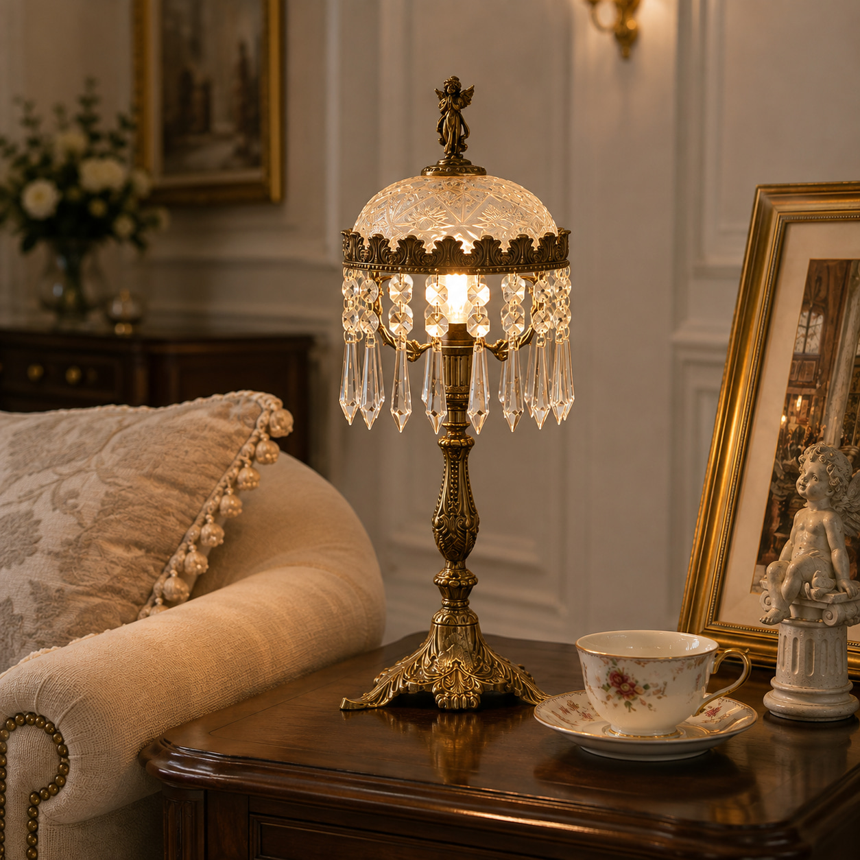 Vintage Angel Carved Brass Glass Crystal Table Lamp