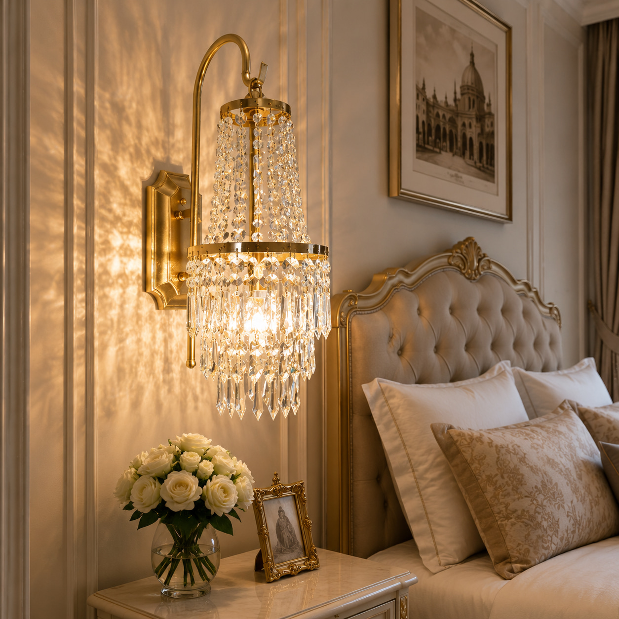 French Conical Multi-layer Crystal Curved Arm Wall Lamp