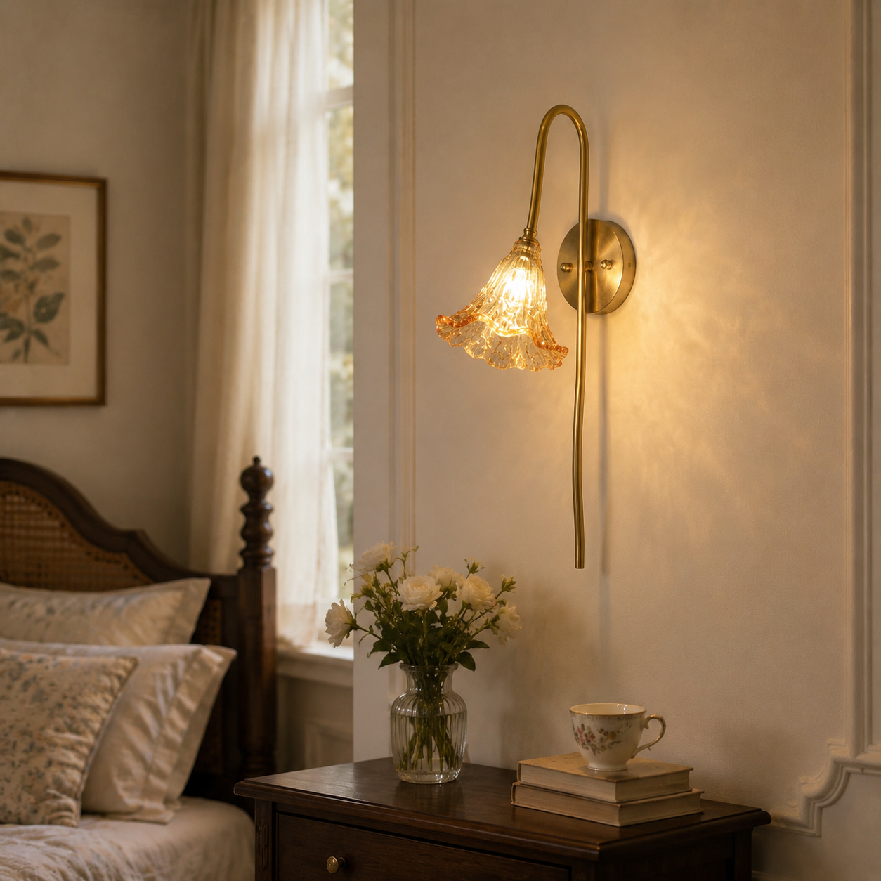 Curved Brass Bell Flower Wall Sconce