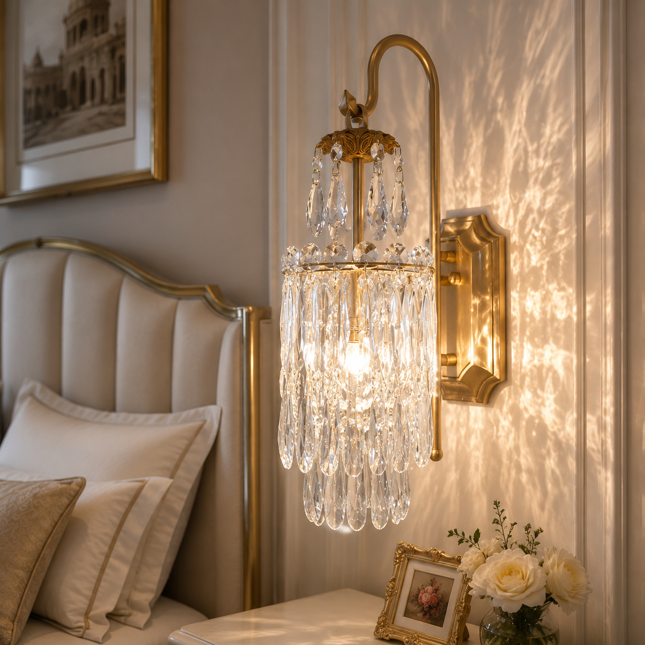 Light Luxury Curved Arm Dropping Crystal Wall Lamp