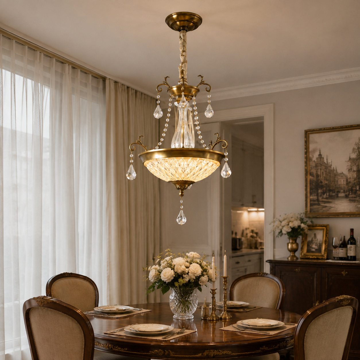 Vintage Brass Crystal Dining Chandelier