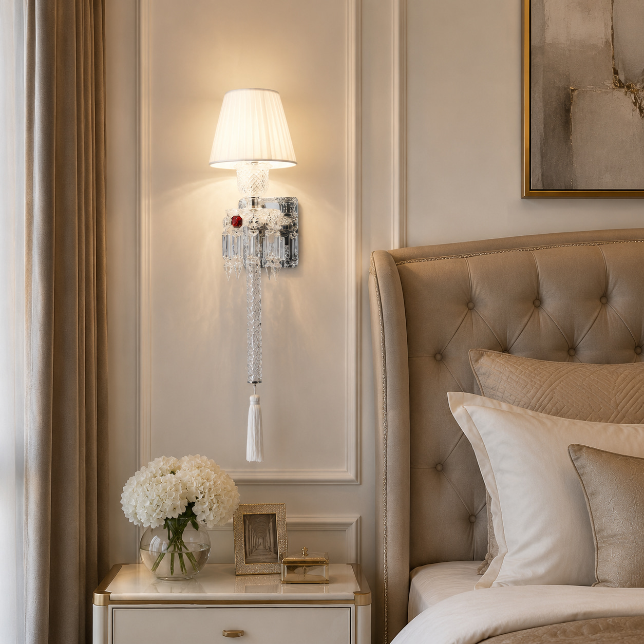 Retro Fabric Tassel Long Crystal Rod Wall Lamp