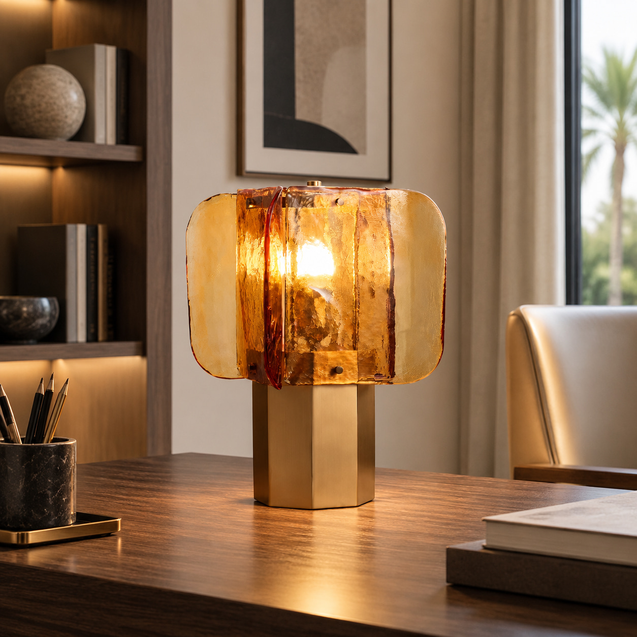 Amber Textured Glass Brass Table Lamp