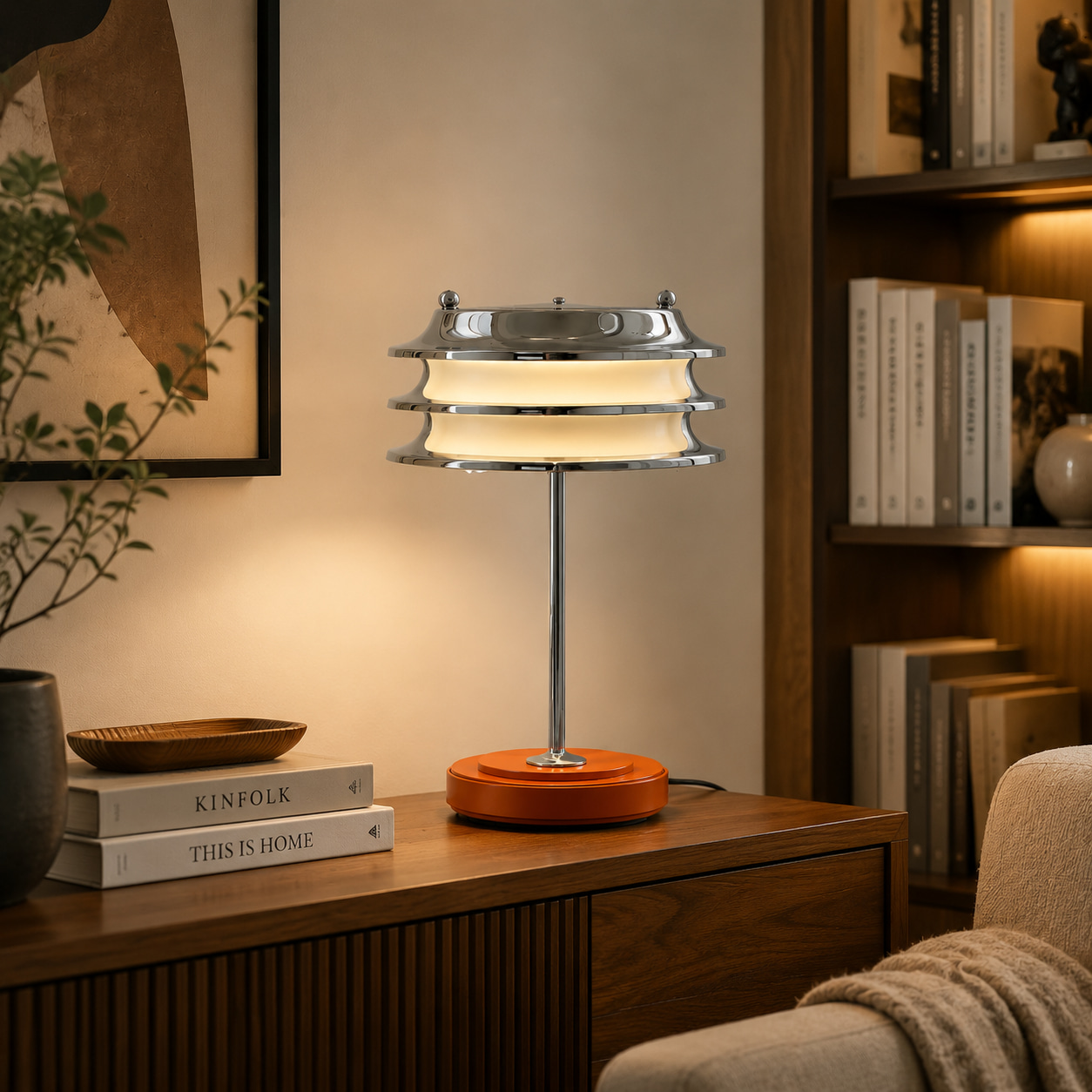 Tiered Metal Leather Base Table Lamp