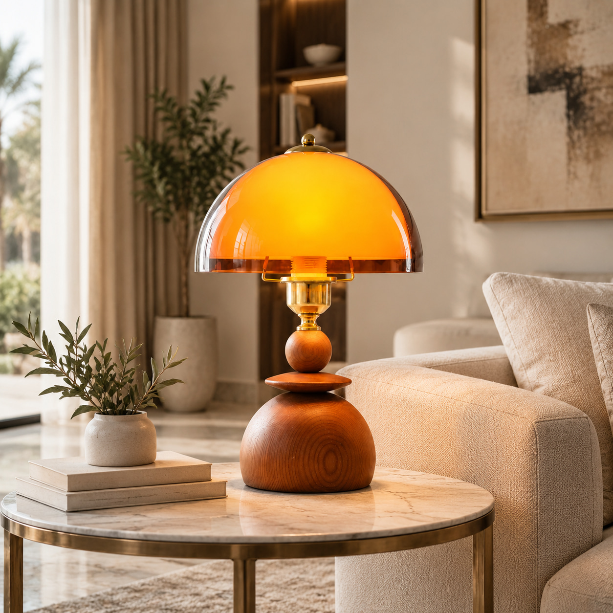 Solid Wood Amber Dome Table Lamp