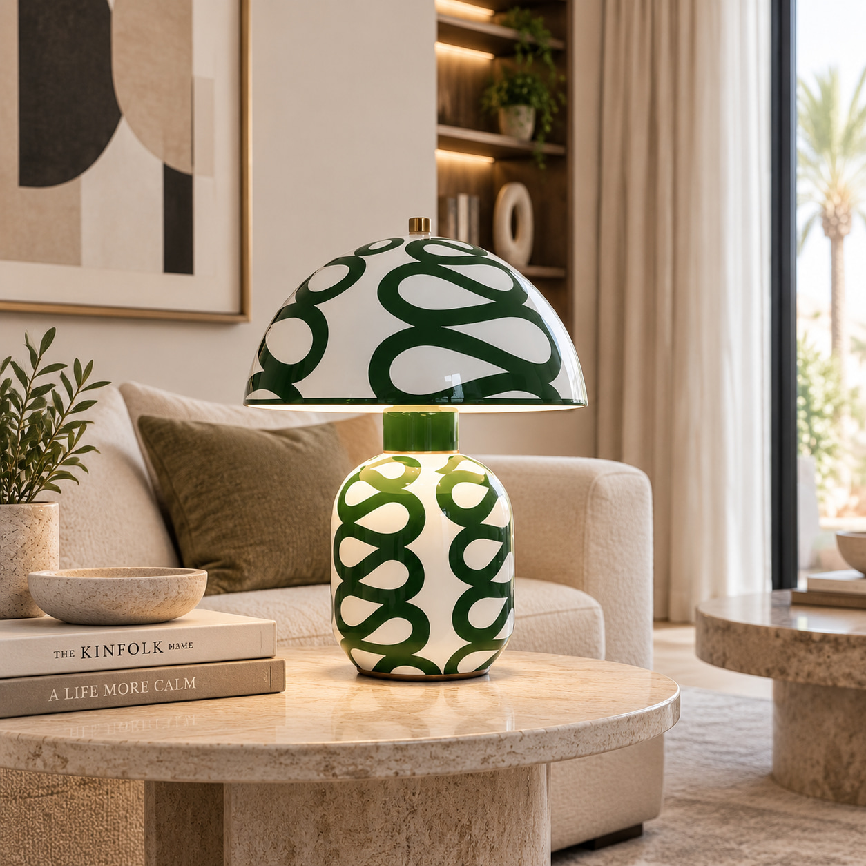 Green Pattern Ceramic Mushroom Table Lamp