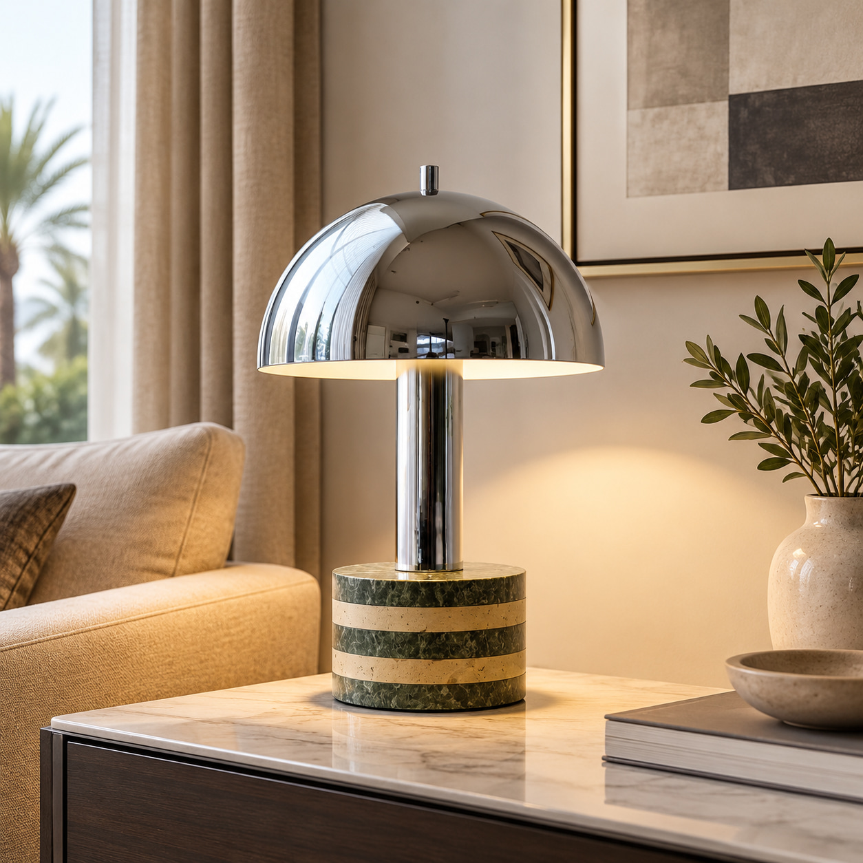 Striped Stone Chrome Mushroom Table Lamp