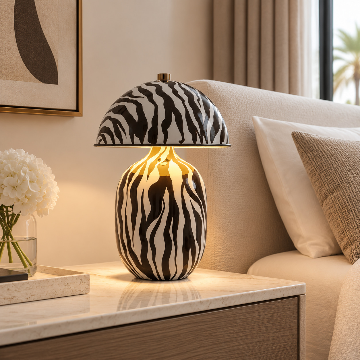 Zebra Print Mushroom Ceramic Table Lamp