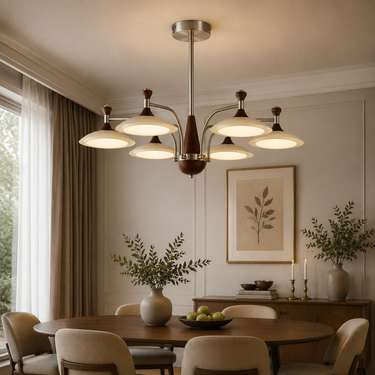 Walnut Nickel 6-light Saucer Chandelier