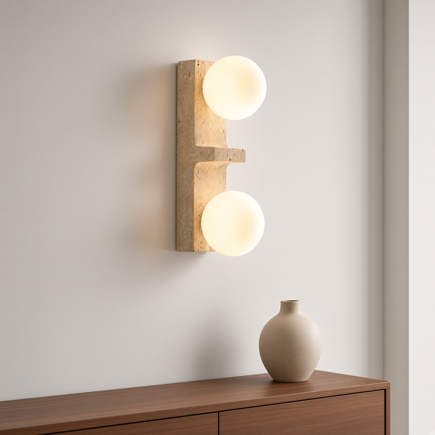 Vertical Travertine Dual Globe Wall Sconce