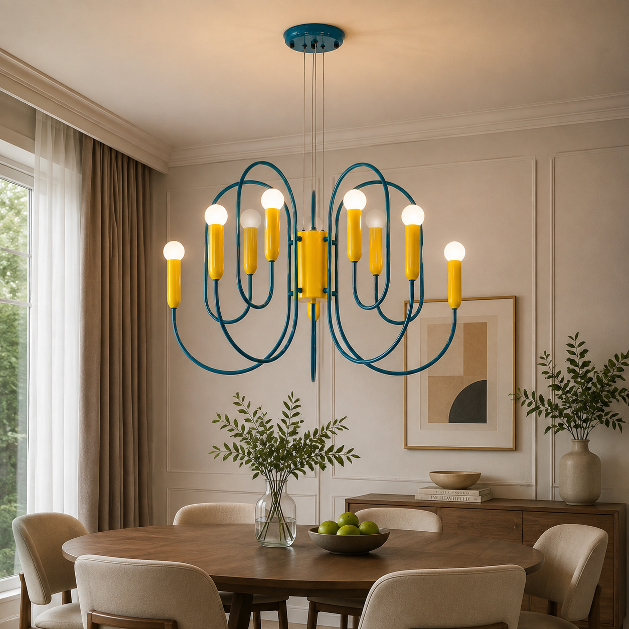 BlBlue-Yellow Curved Chandelierue-Yellow Curved Chandelier