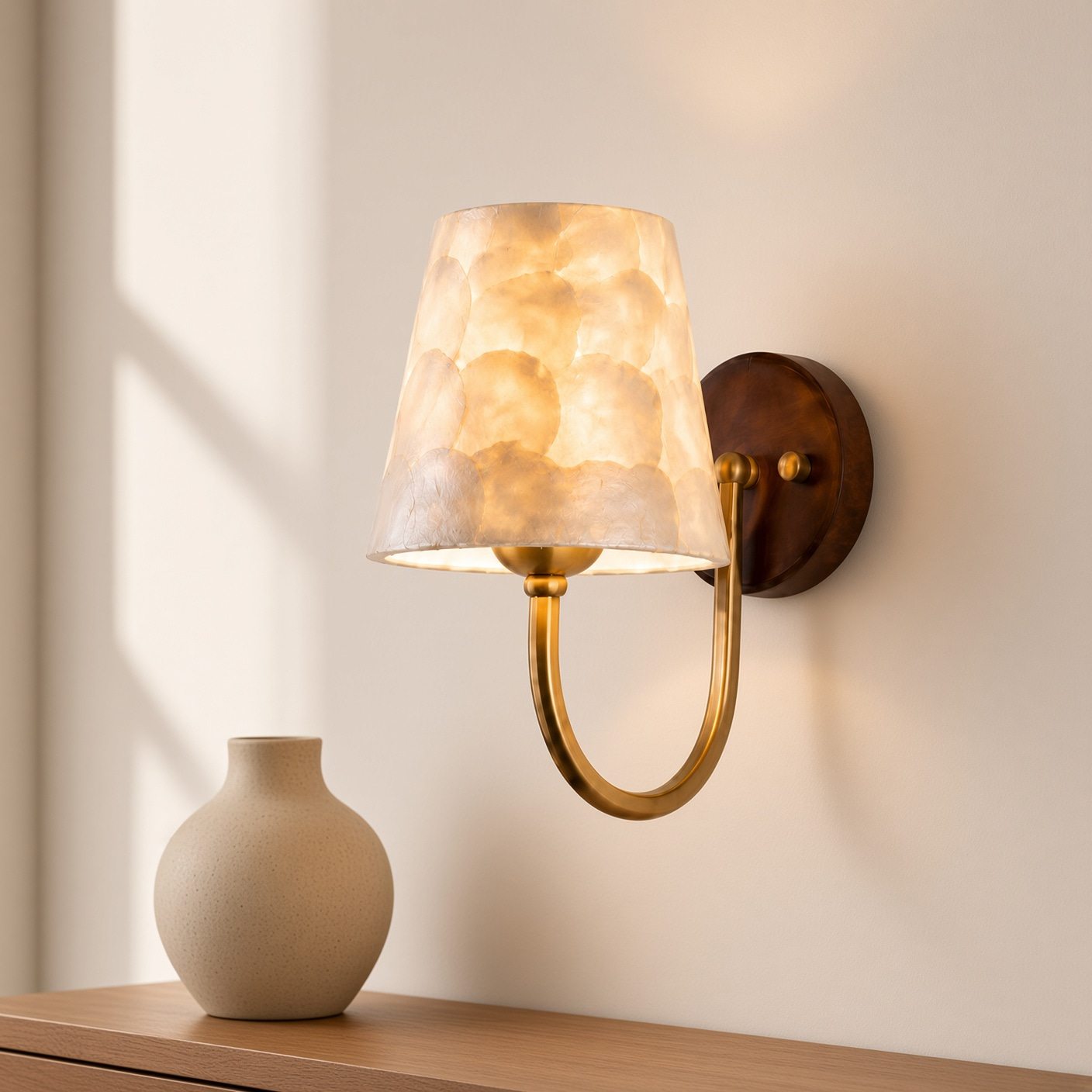 Walnut Brass Shell Wall Sconce