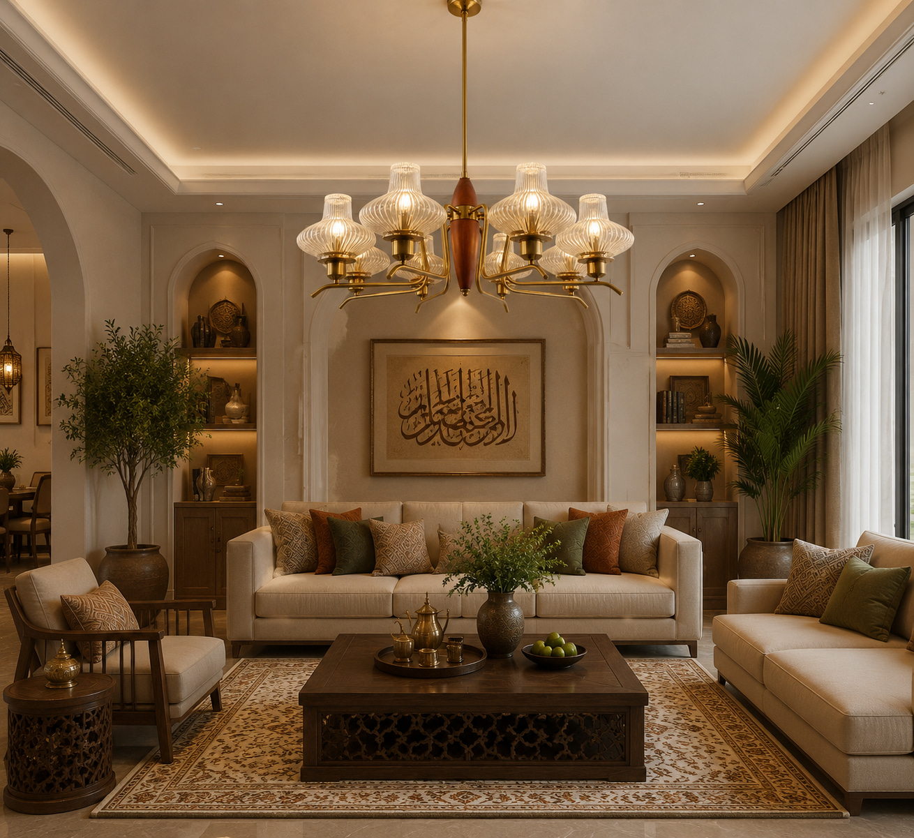 Walnut Brass Ribbed Glass Chandelier