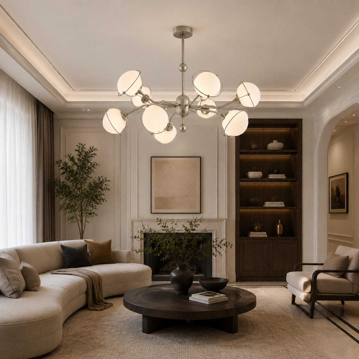 Nickel Ribbed Glass Globe Chandelier