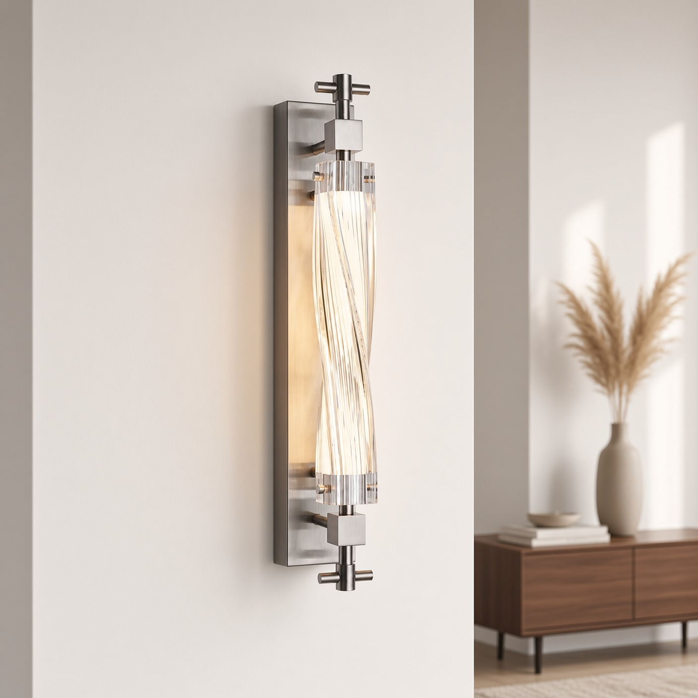 Brushed Nickel Twisted Long Glass Wall Sconce
