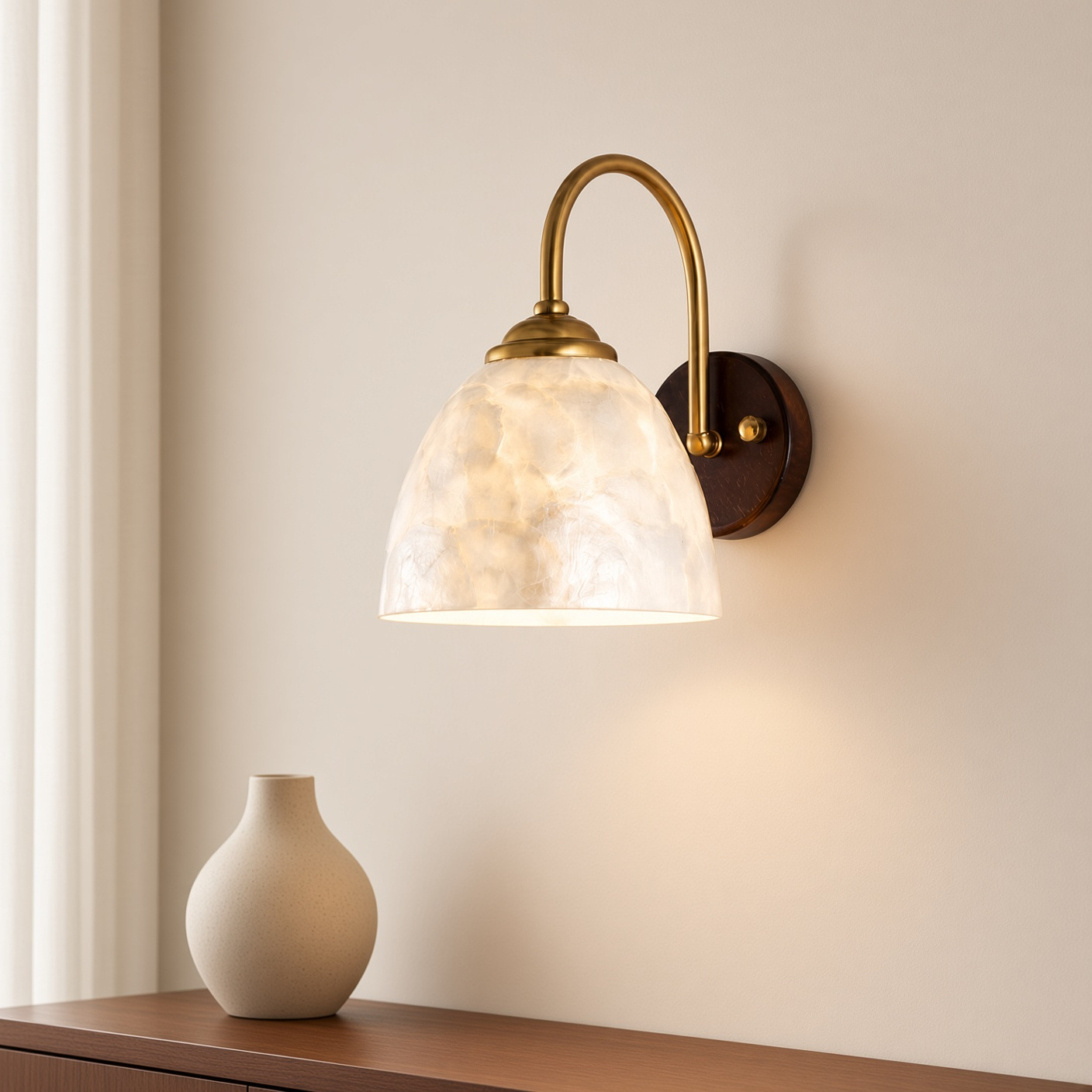 Walnut Brass Alabaster Dome Wall Sconce