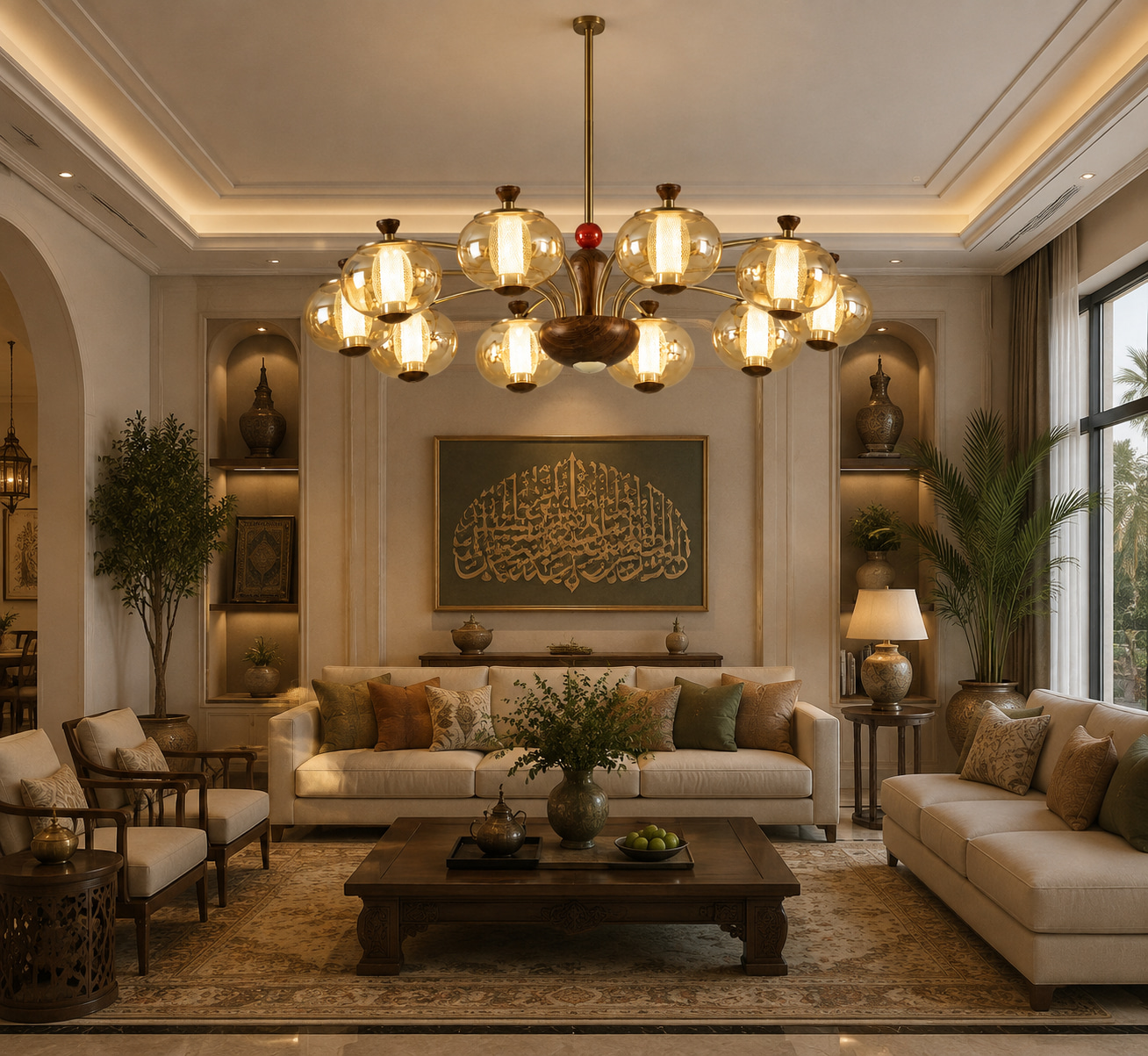 Walnut Glass Multi Head Chandelier