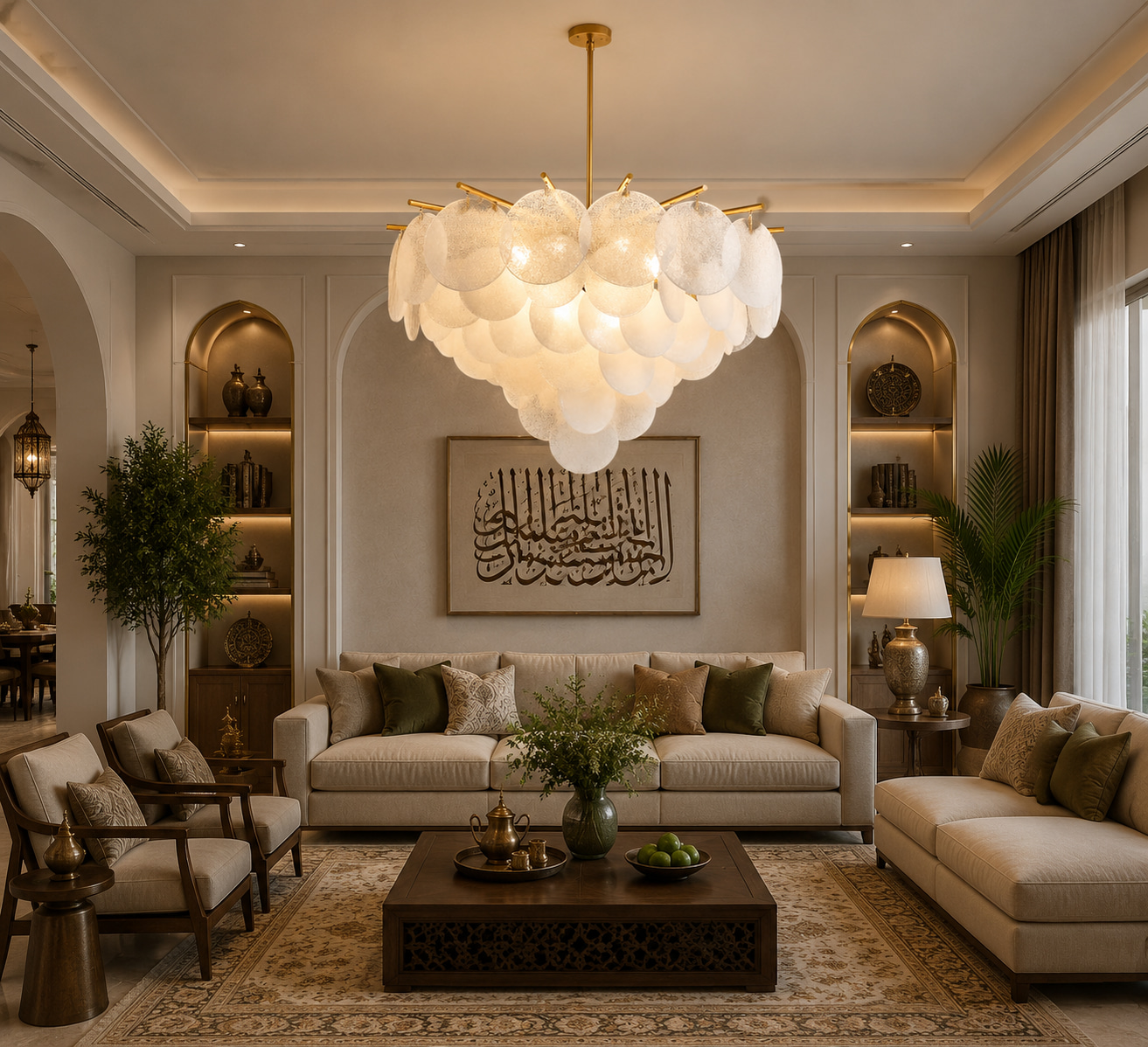 Gold Frame Stacked Frosted Disc Chandelier
