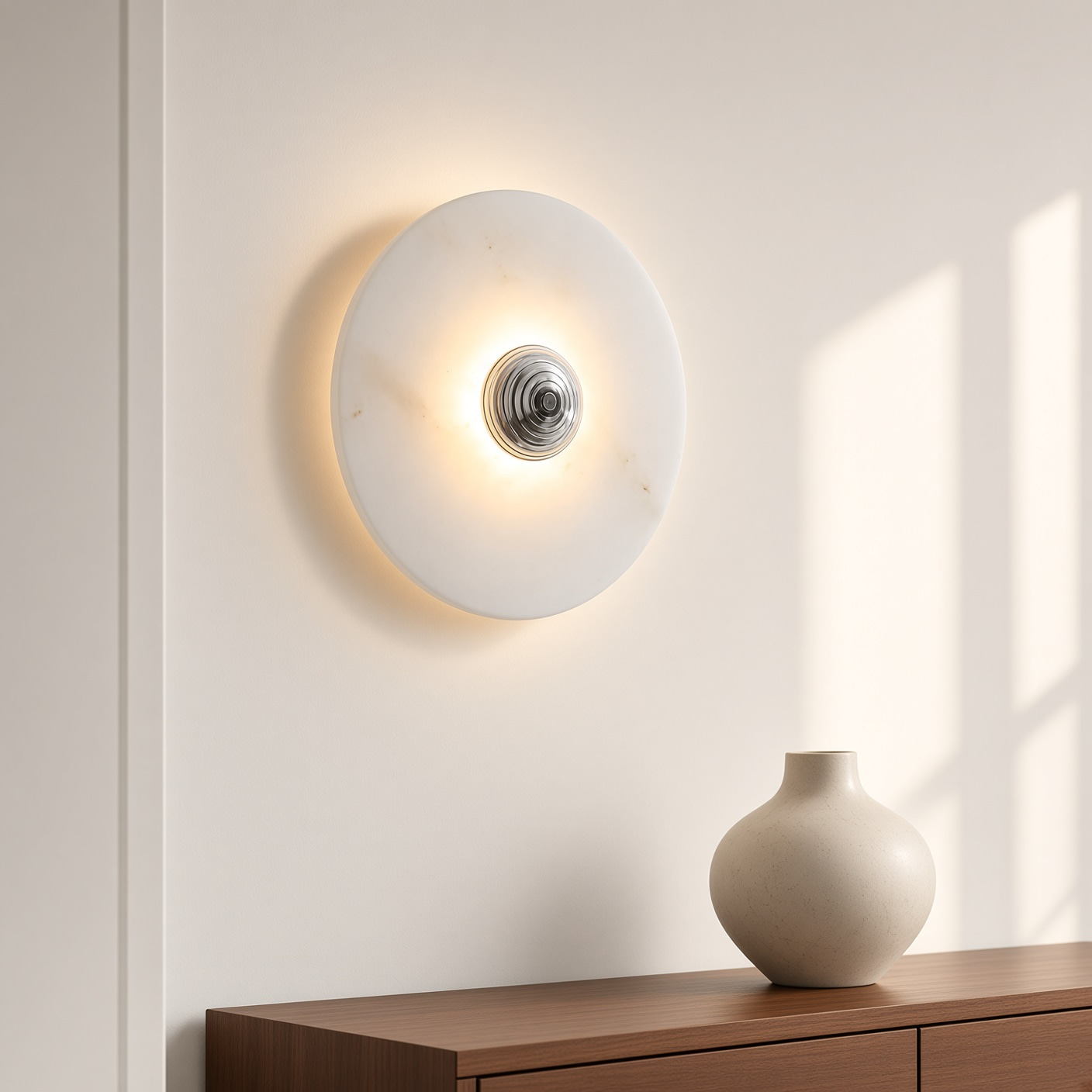 Round Alabaster Chrome Wall Sconce