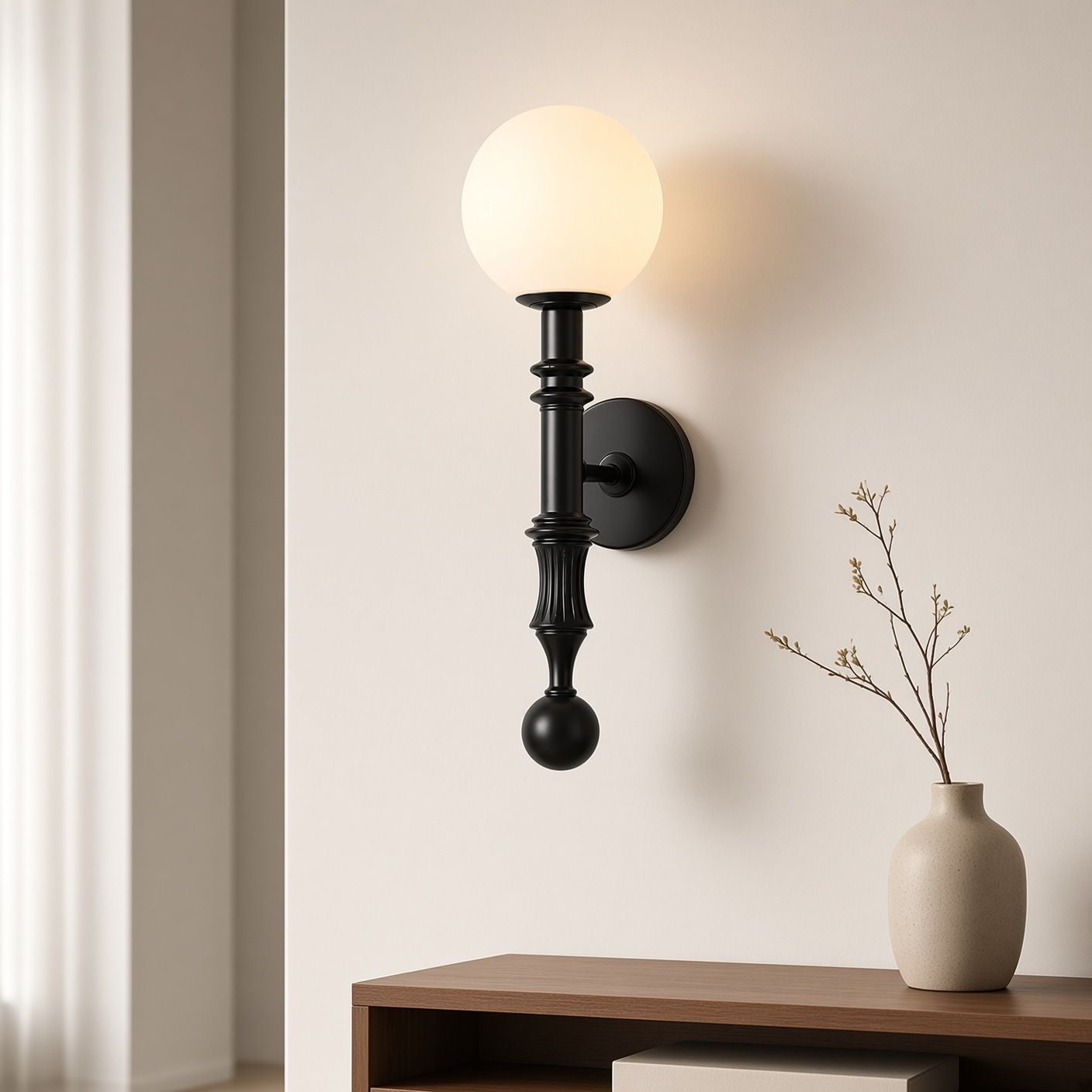 Vintage Carved Black Stem Globe Wall Sconce