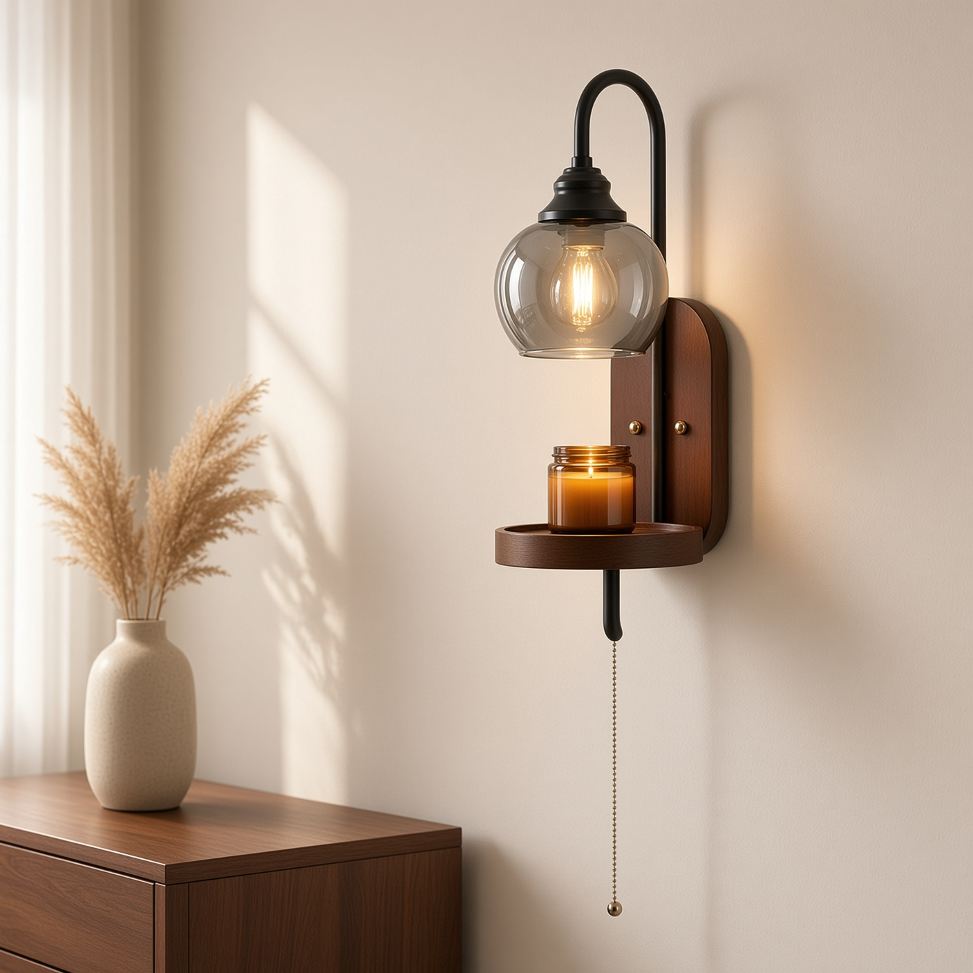 Smoked Glass Wall Sconce with Wood Tray