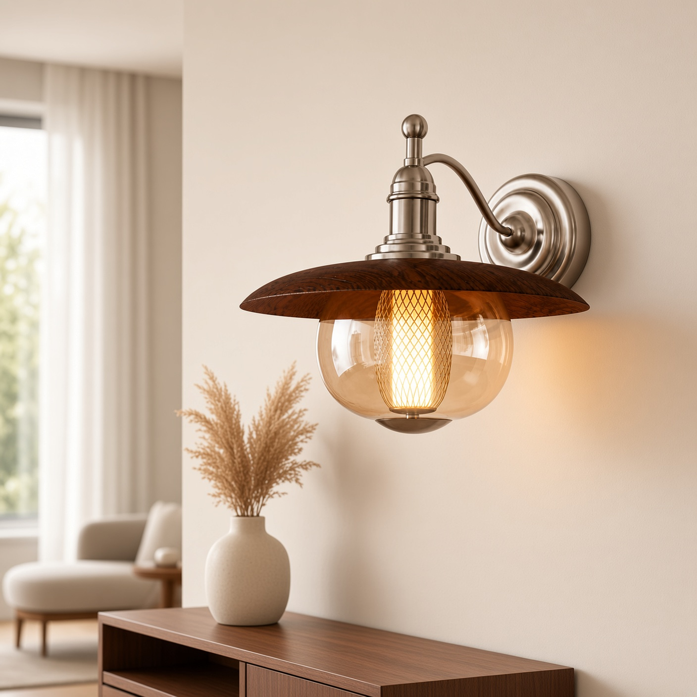 Wood and Amber Glass Wall Sconce