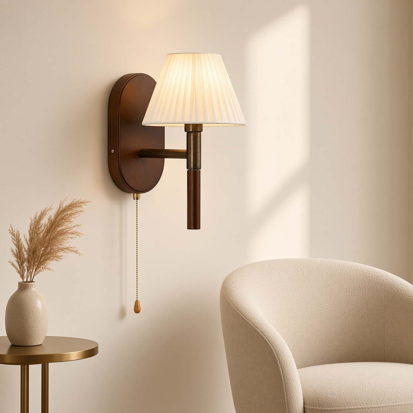 Pleated Shade Wall Sconce with Wood Backplate