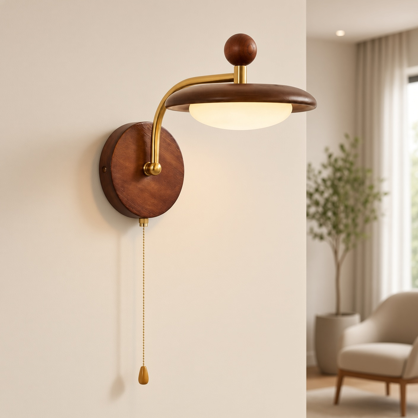 Wood Disc Wall Sconce with Brass Arm