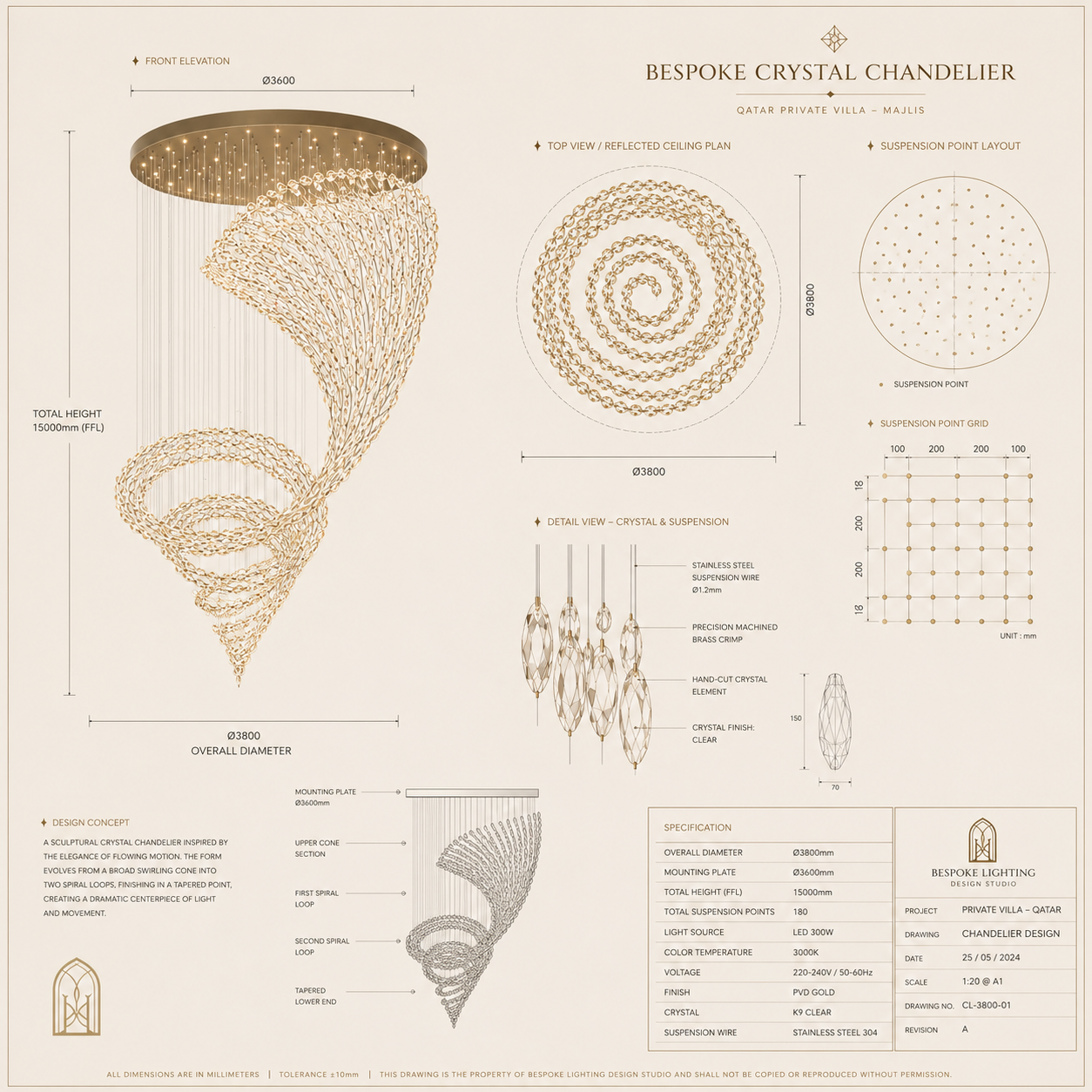Technical drawing for a bespoke crystal chandelier