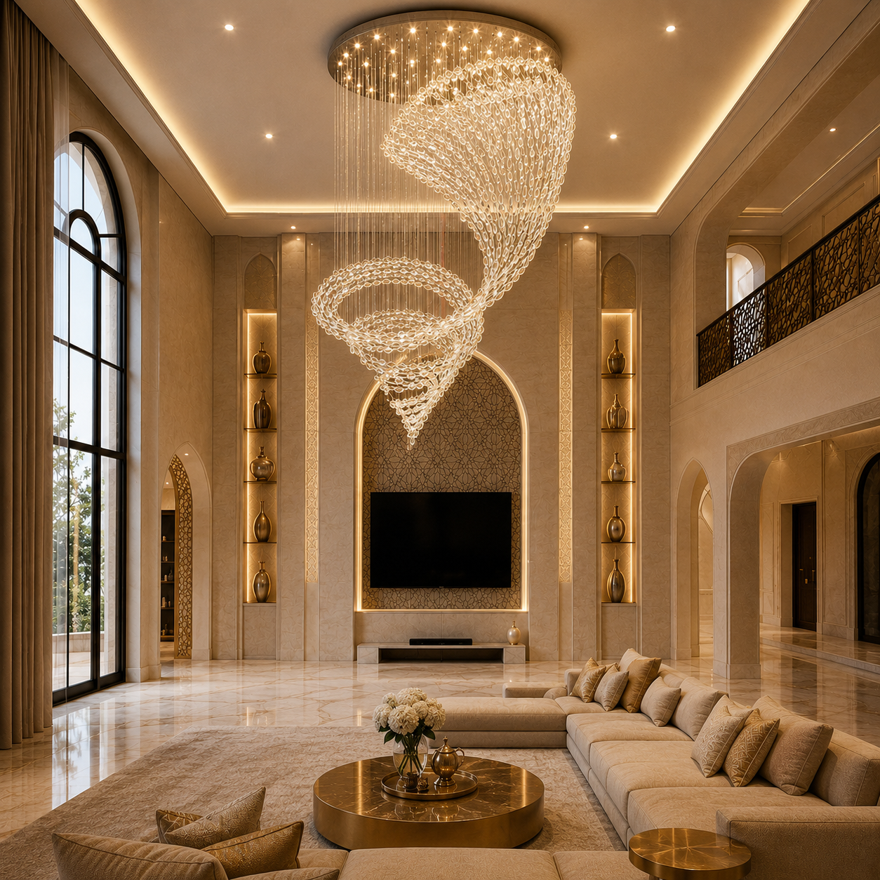 Installed bespoke crystal chandelier in a villa Majlis