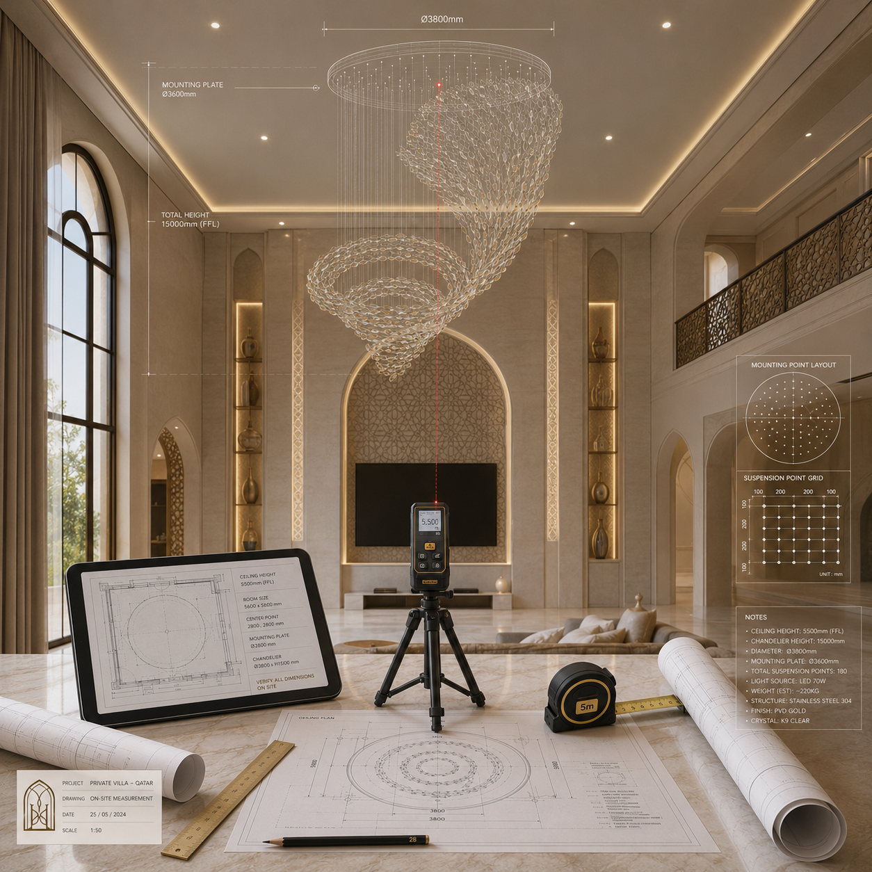 On-site chandelier measurement in a Qatar private villa